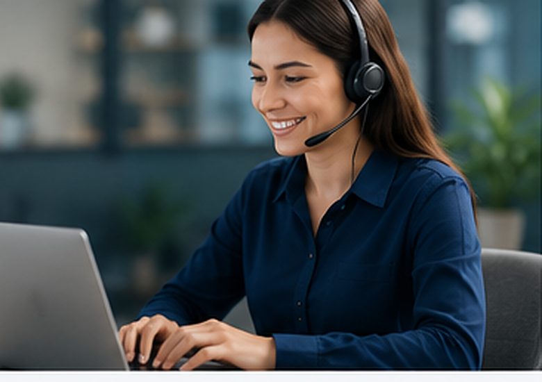 Profissional com headset organizando atendimentos em um notebook em ambiente de escritório